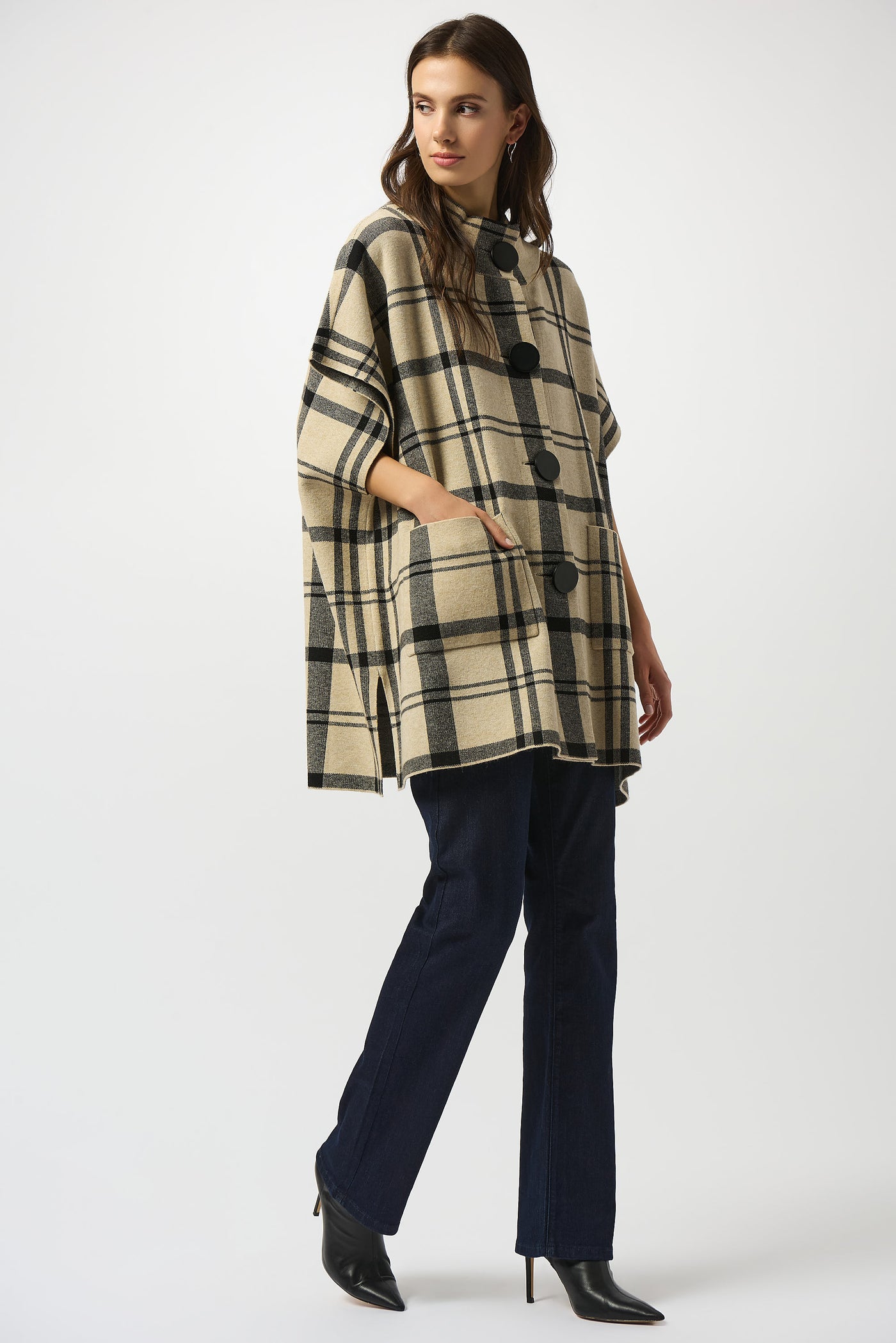 Jacquard Sweater Knit Plaid Poncho Joseph Ribkoff