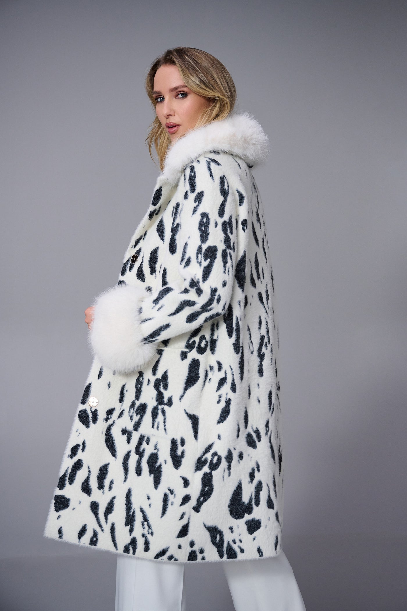 Feather Yarn Animal Jacquard Coat with Faux Fur Trim Joseph Ribkoff