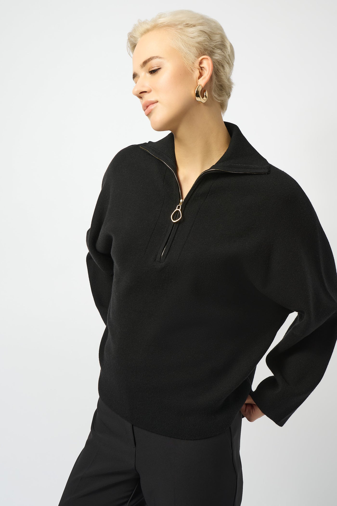 Sweater Knit Boxy Pullover With Zipped Collar Joseph Ribkoff