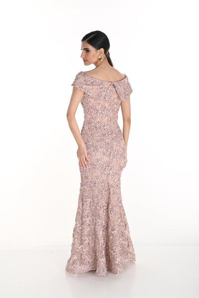 Off-Shoulder Lace Gown with Floral Embellishments Frank Lyman