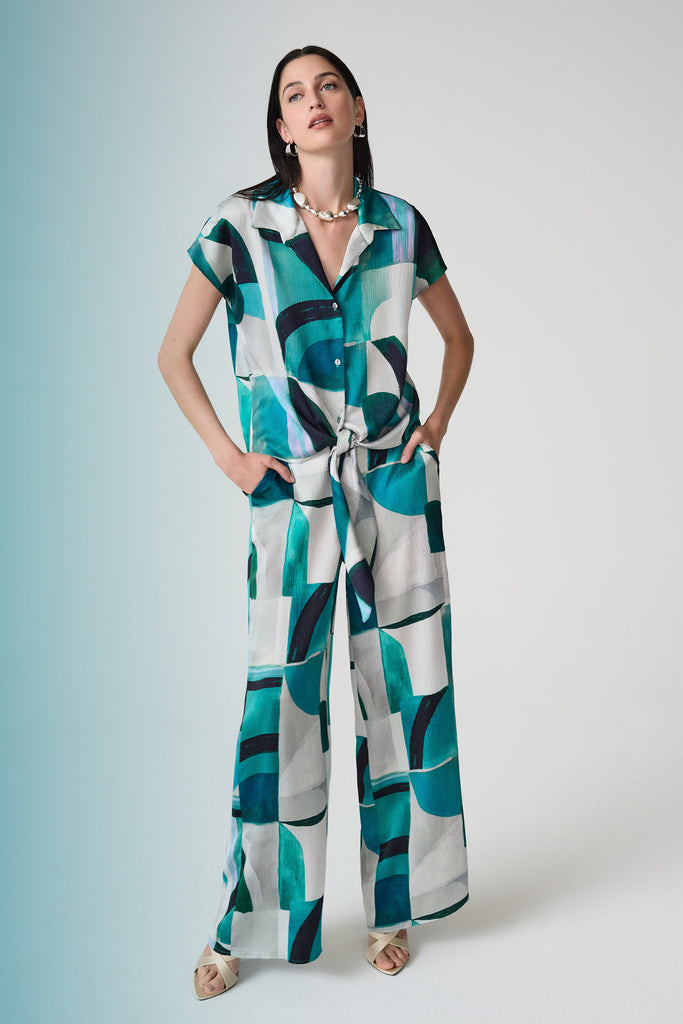 Joseph Ribkoff Textured Satin Geometric Print Wide Leg Pull-On