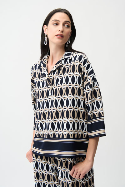 Woven Geometric Print Boxy Top With Shirt Collar Joseph Ribkoff
