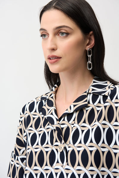 Woven Geometric Print Boxy Top With Shirt Collar Joseph Ribkoff