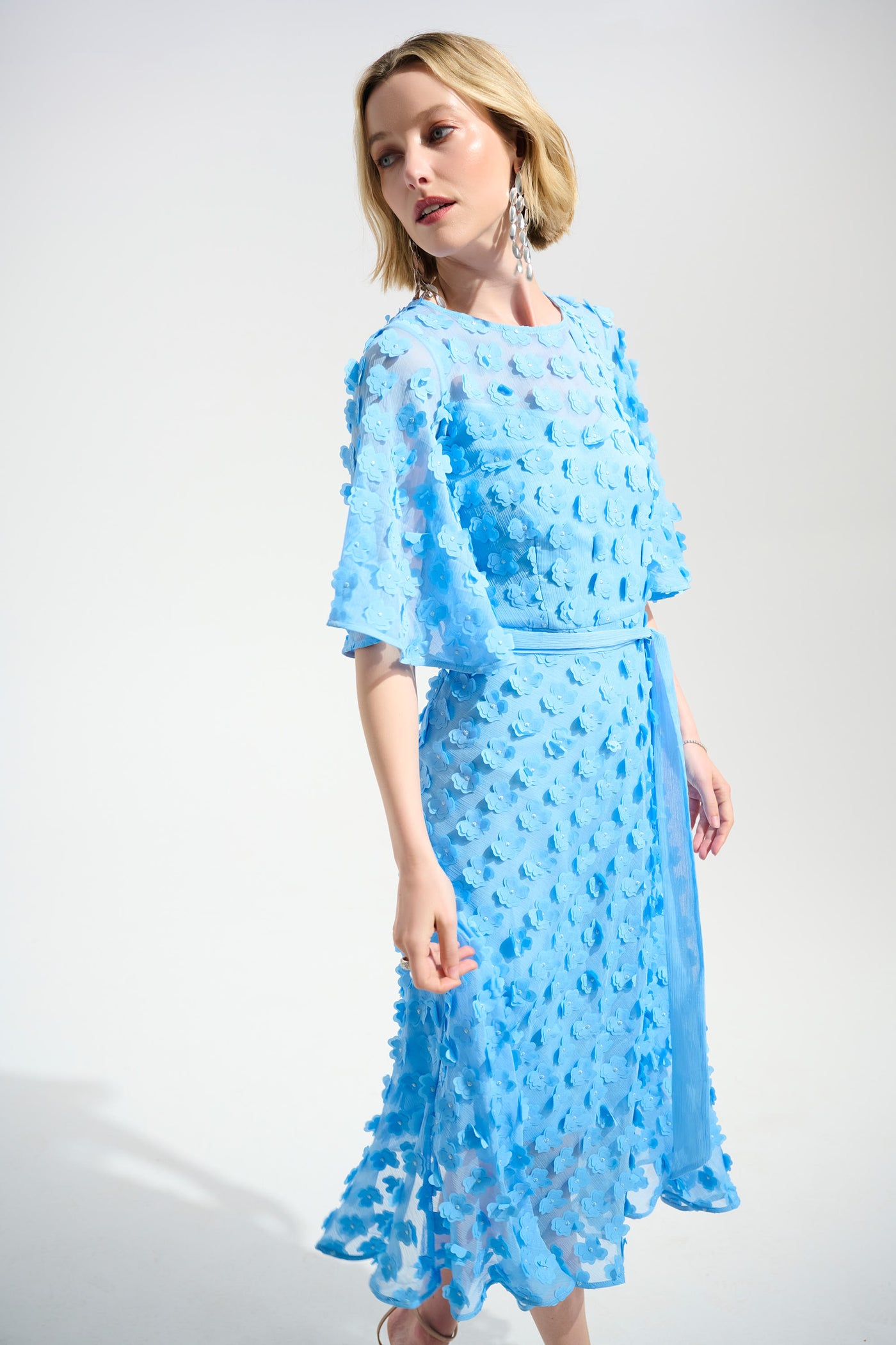 3D Embroidered Chiffon Fit And Flare Dress With Sash Belt Joseph Ribkoff