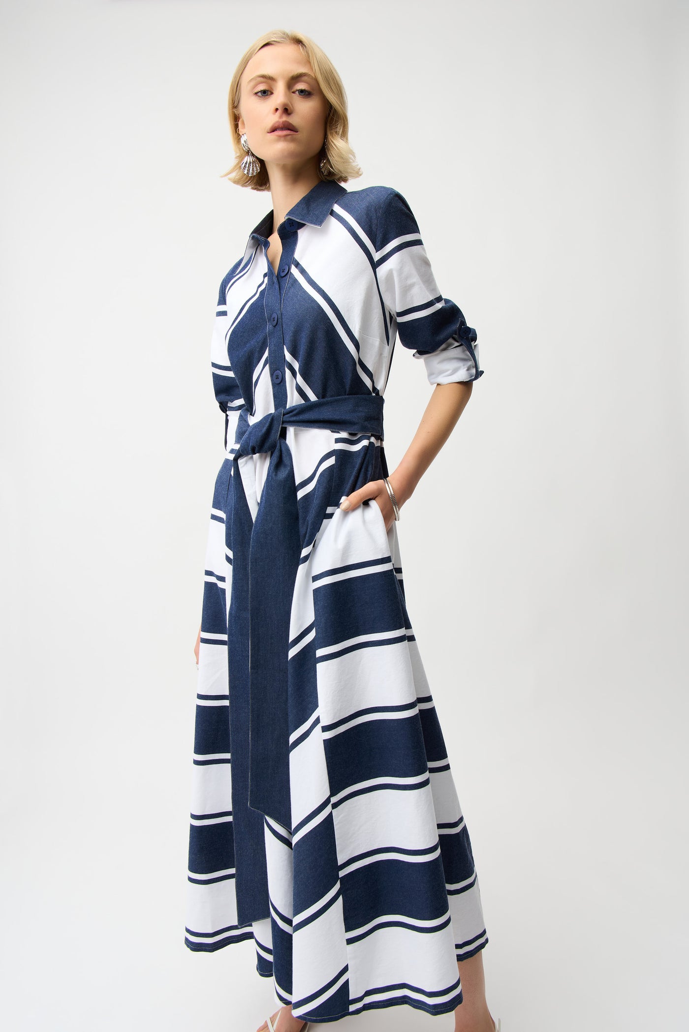 Cotton Stripe Print and Flare Dress with Reversible Sash Joseph Ribkoff
