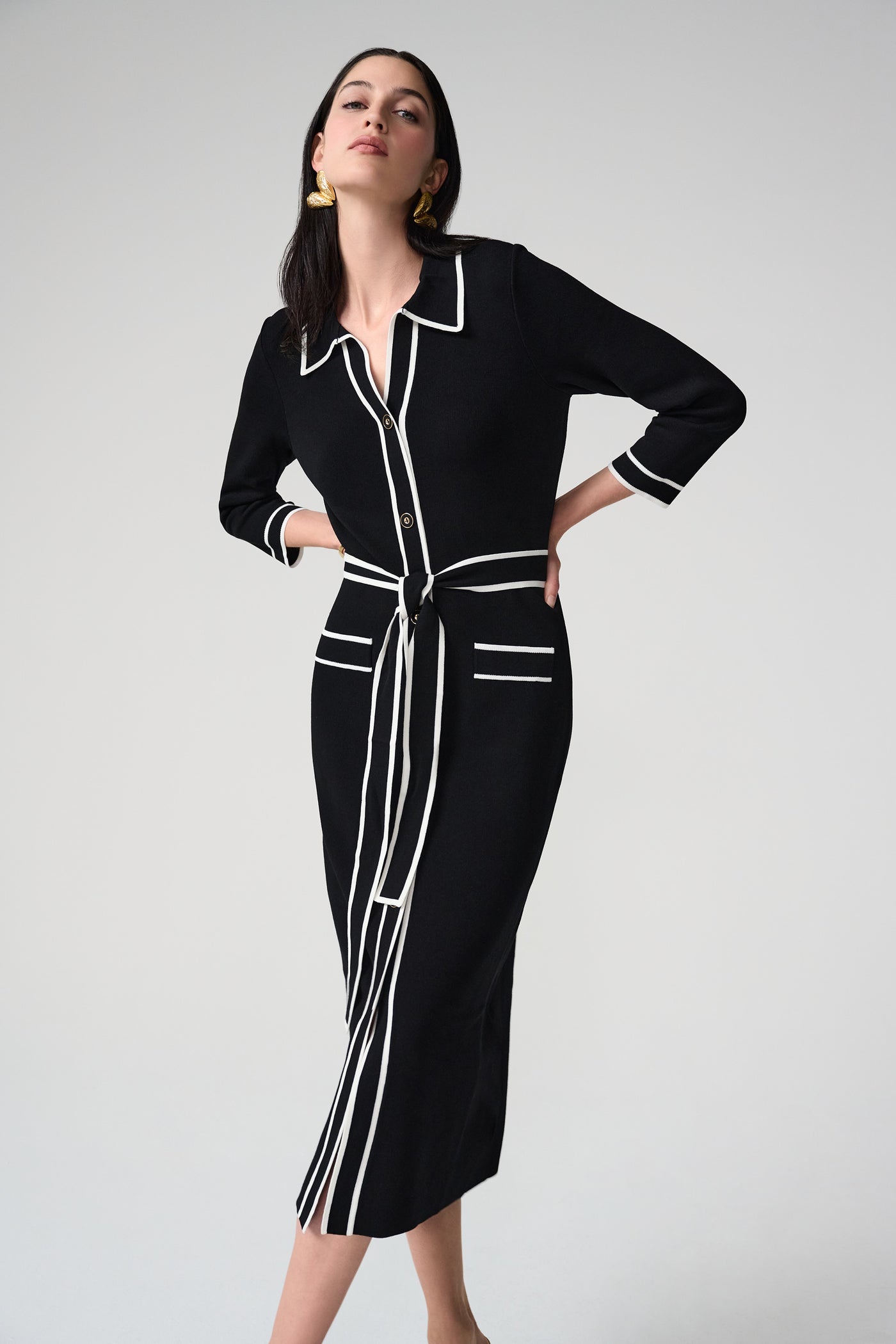 Viscose Shirt Dress with Contrast Piping And Sash Joseph Ribkoff