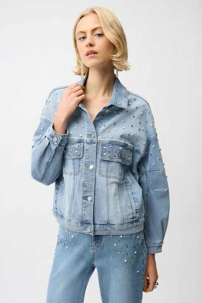 Denim Oversized Jacket With Pearls and Studs Joseph Ribkoff