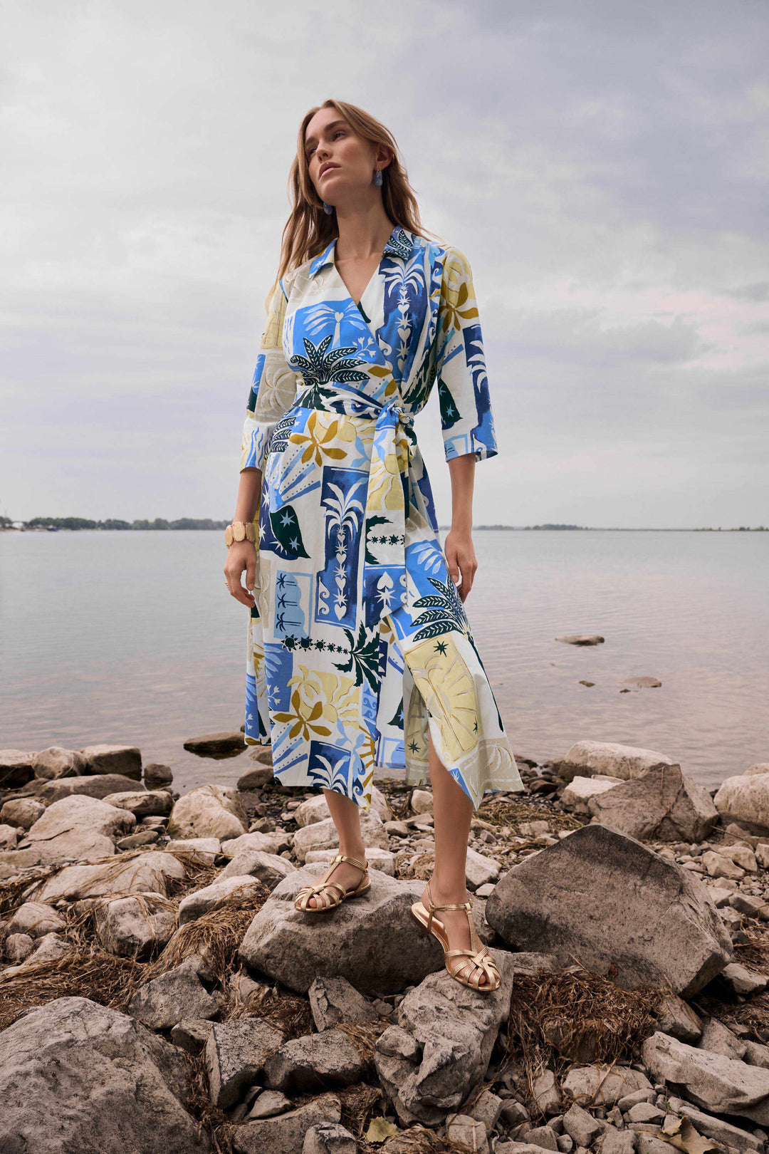 Joseph Ribkoff Stretch Cotton Tropical Print A-Line Wrap Dress
