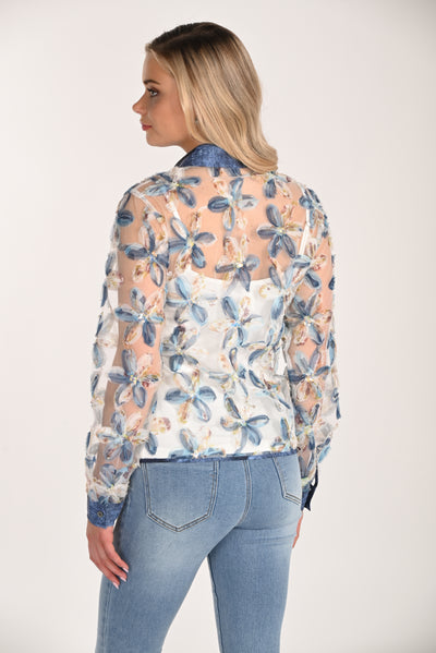 Blossom Sheer Denim-Trim Blouse Frank Lyman