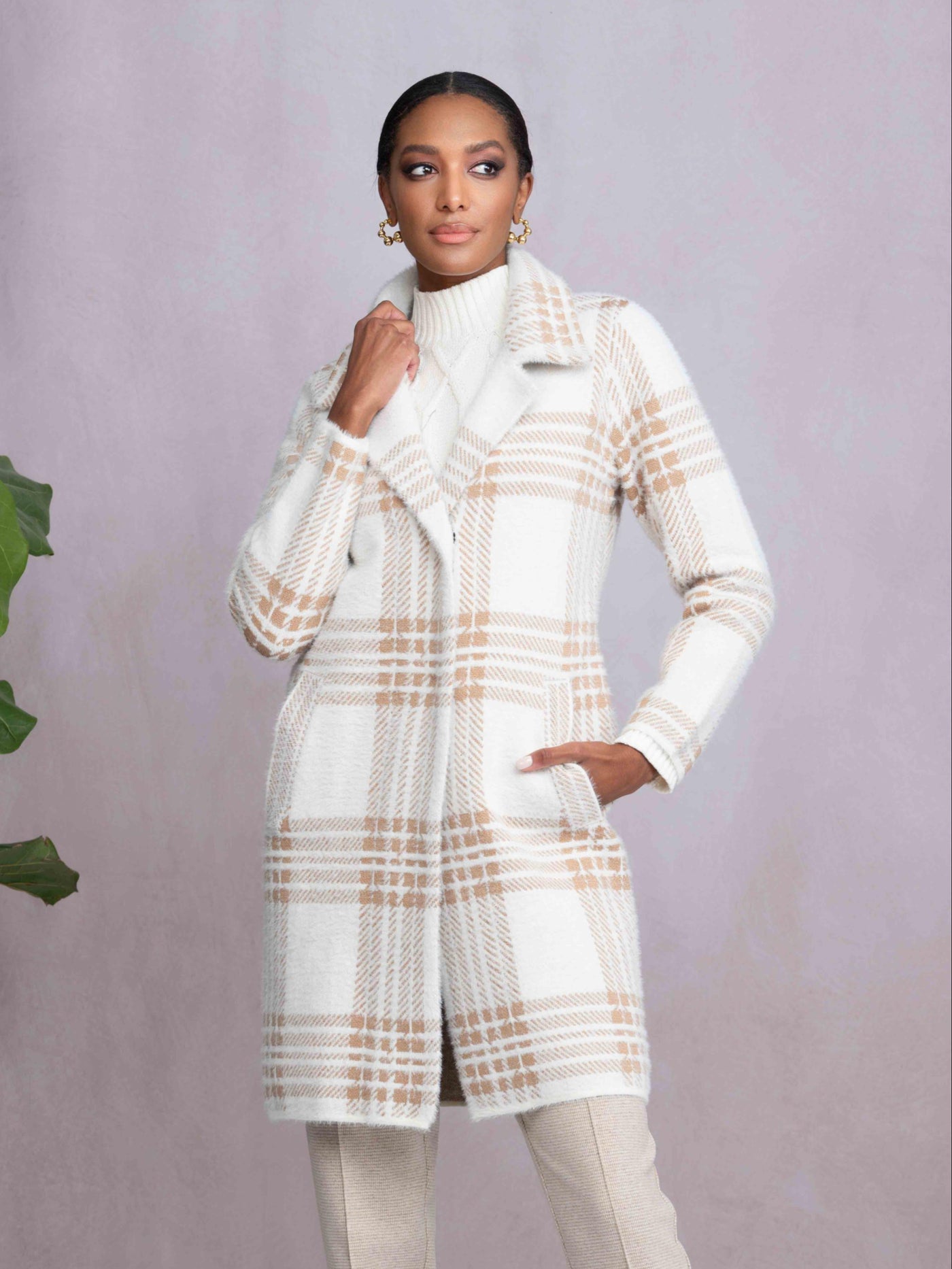 Long Plaid Coat with Tailored Lapels Alison Sheri