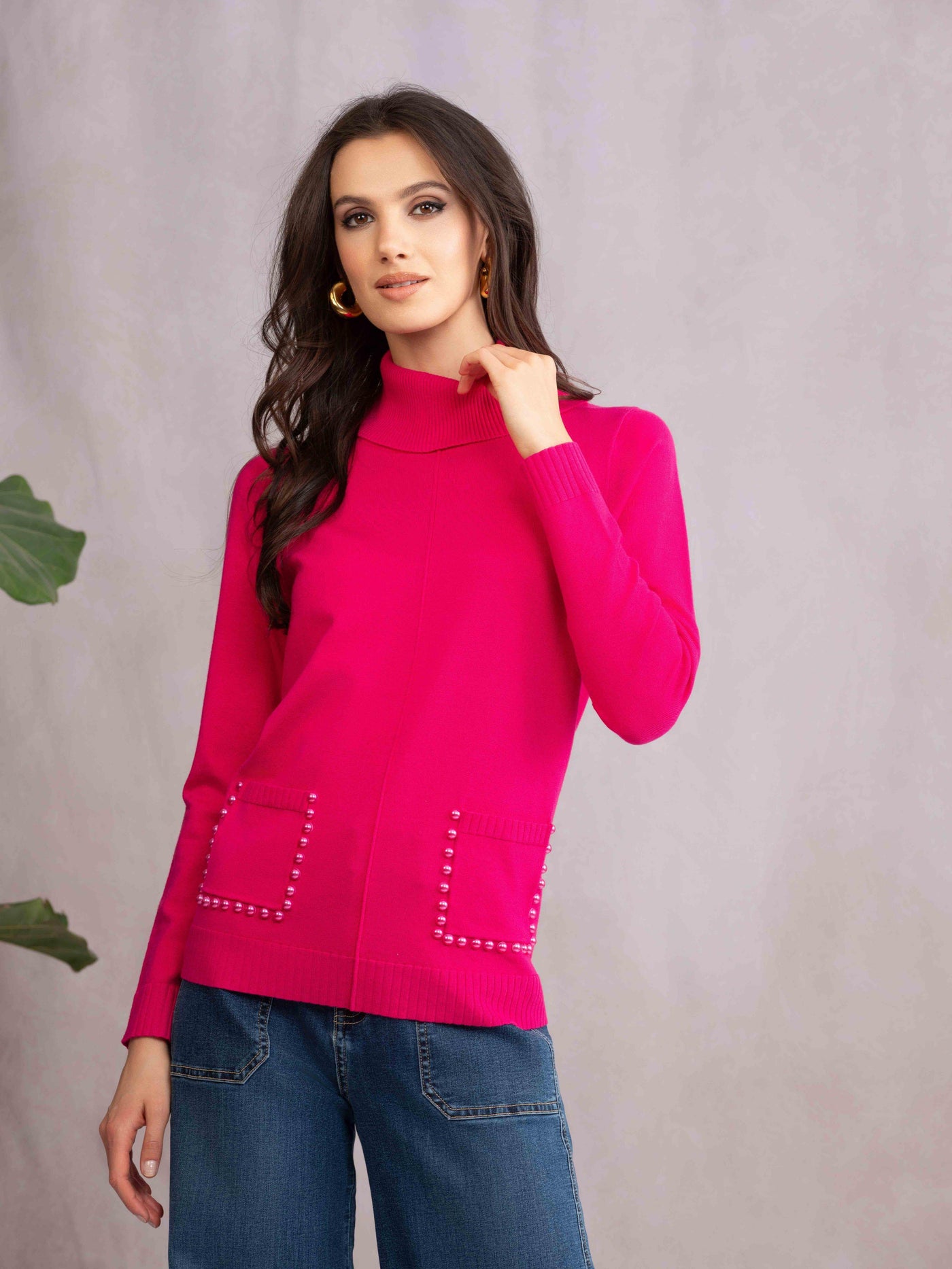 Mock Neck Sweater with Pearl-Trim Pockets - Dream Pants