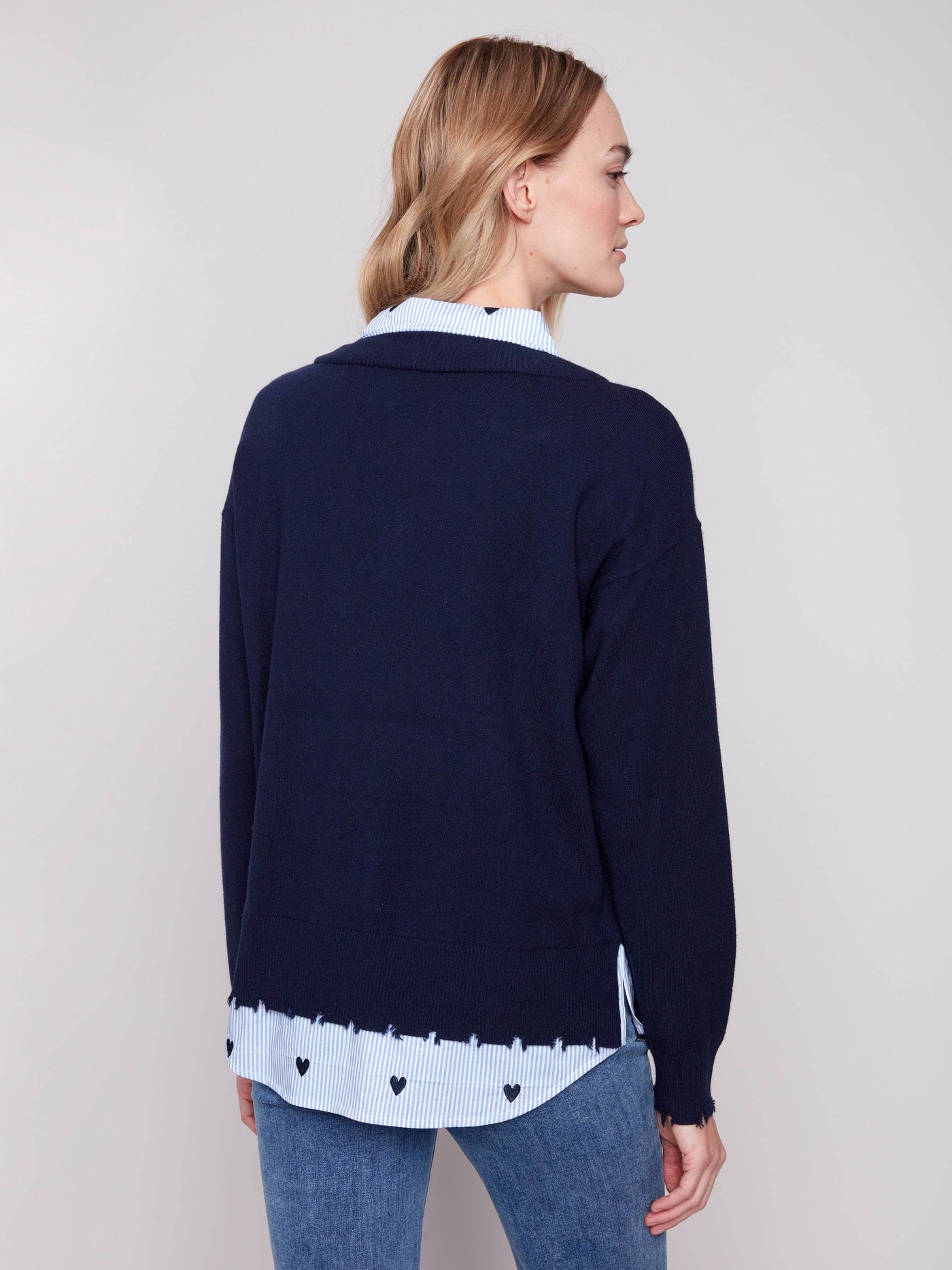 V-Neck Fooler Sweater With Embroidered Shirt Collar - Dream Pants