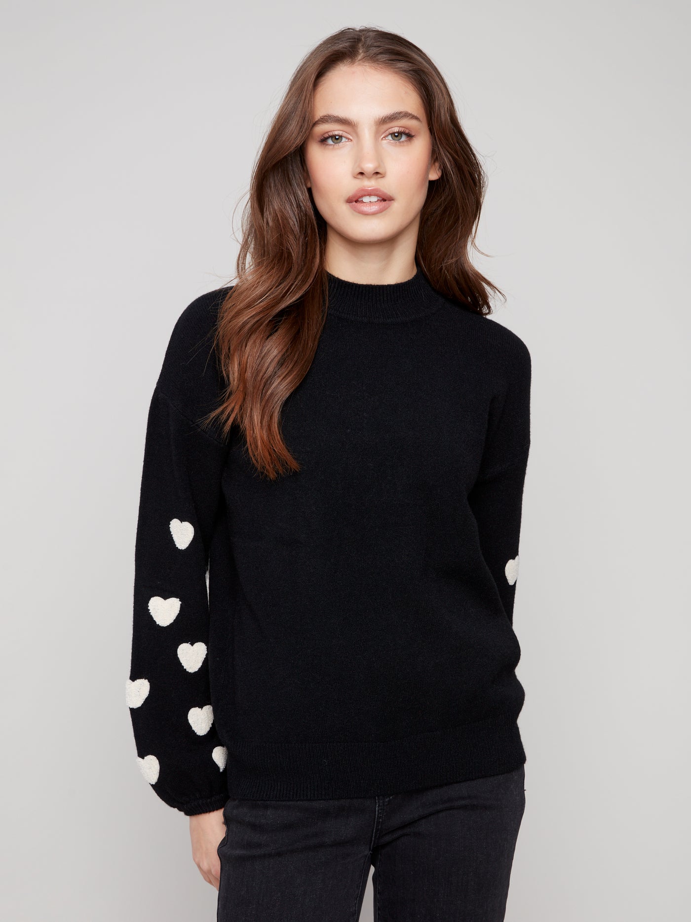 Mock Neck Sweater With Embroidered Hearts Charlie B