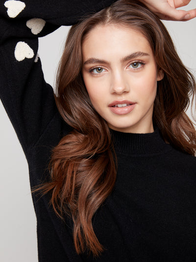 Mock Neck Sweater With Embroidered Hearts Charlie B