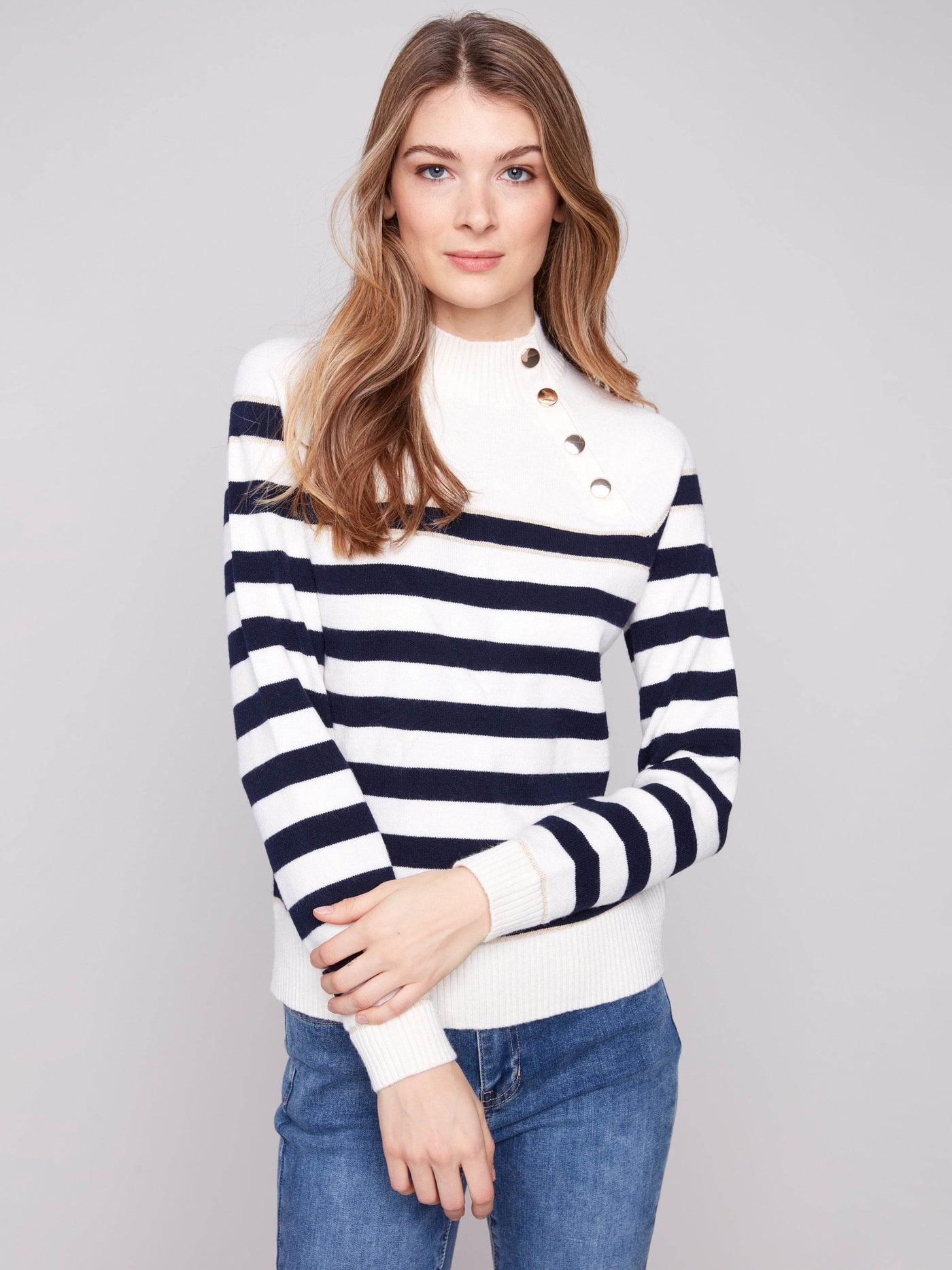 Striped Mock Neck Sweater With Button Details - Dream Pants