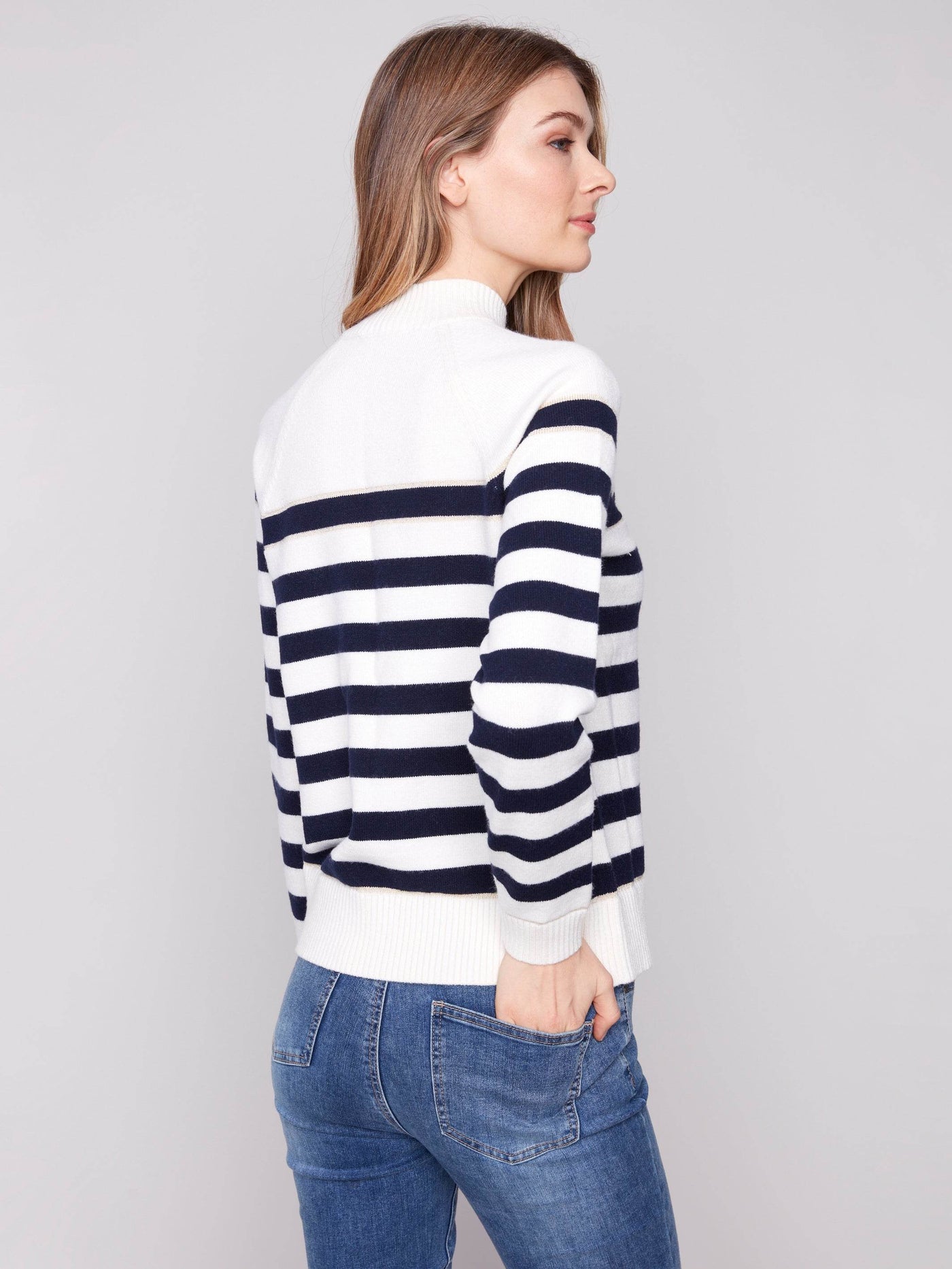 Striped Mock Neck Sweater With Button Details - Dream Pants