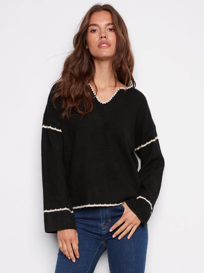 Embroidered Ribbed Sweater with Notch Neck - Dream Pants