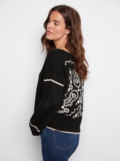 Embroidered Ribbed Sweater with Notch Neck - Dream Pants