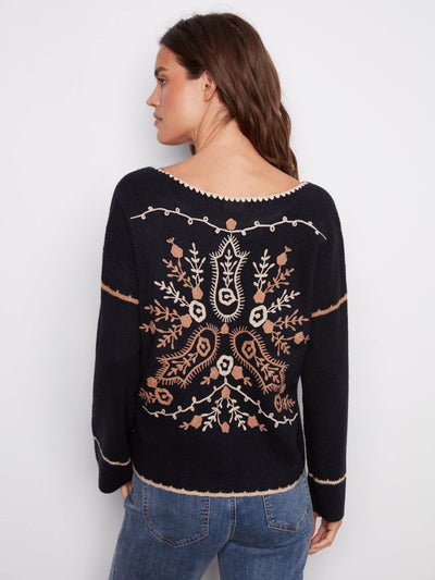 Embroidered Ribbed Sweater with Notch Neck - Dream Pants