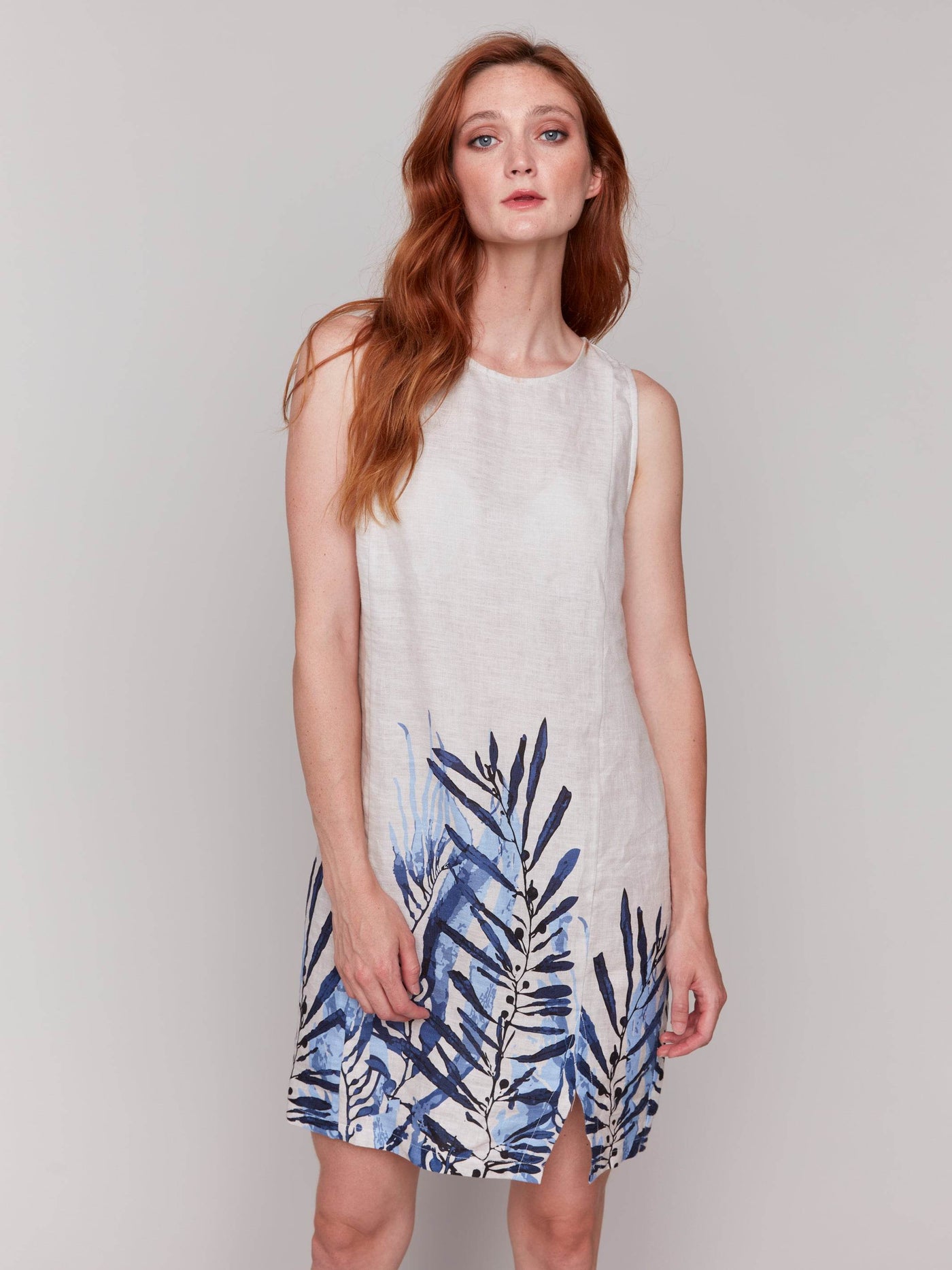 Printed Sleeveless Crew Neck Dress With Slit - Dream Pants