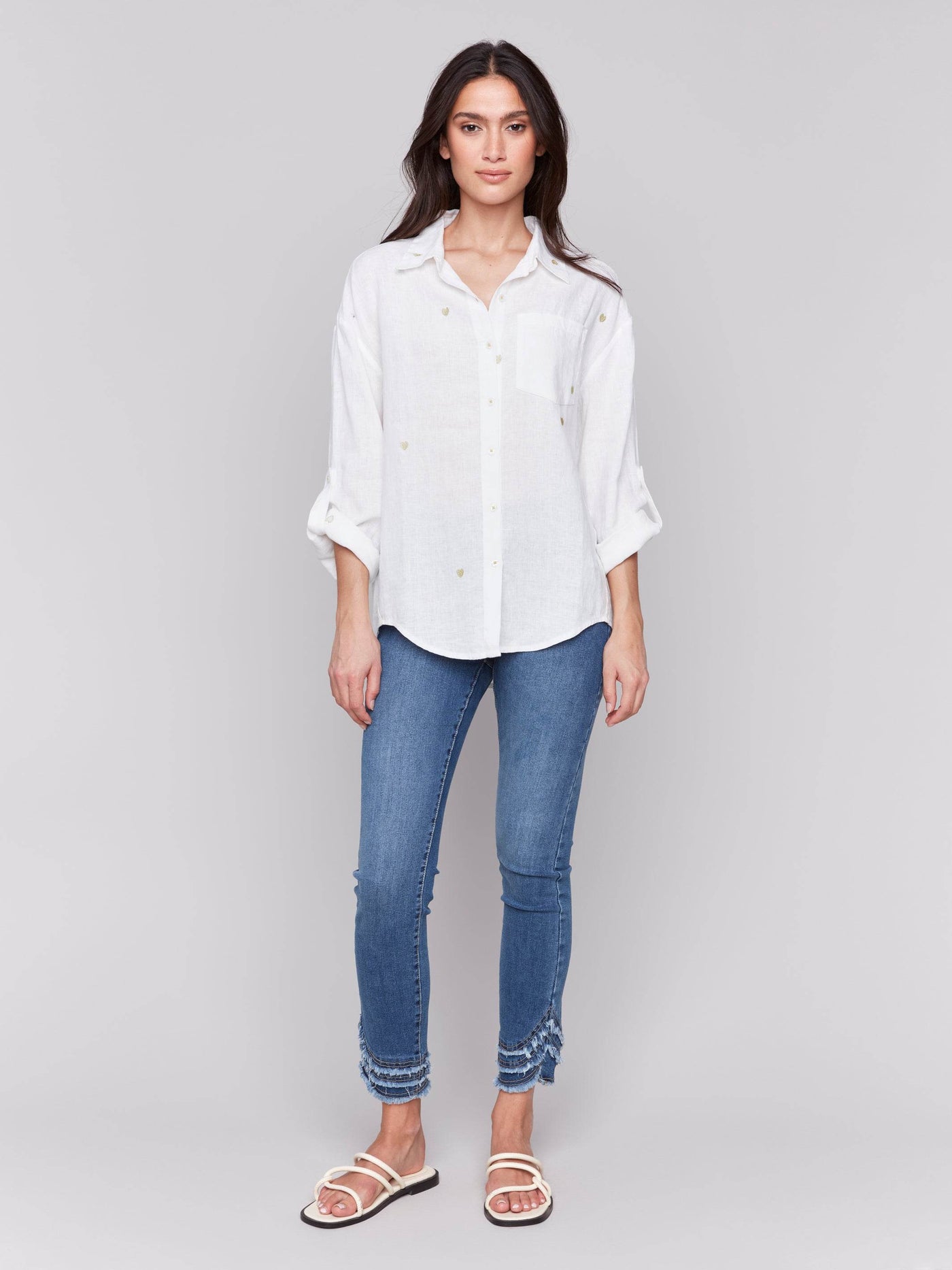 Linen Blend Tunic Blouse with Embroidered Hearts - Dream Pants