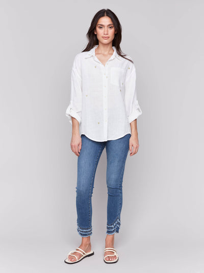 Linen Blend Tunic Blouse with Embroidered Hearts - Dream Pants