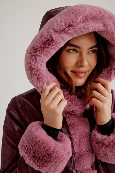 Reversible Luster Faux Fur Coat W/ Fixed Hood & Button Front Nikki Jones