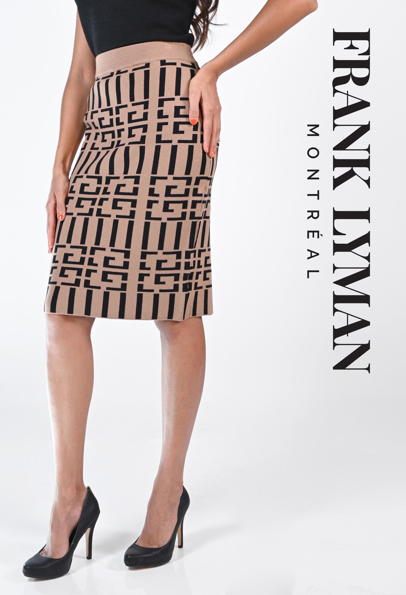 Frank Lyman Knit Pencil Skirt Style 223466U Color Beige-Black 